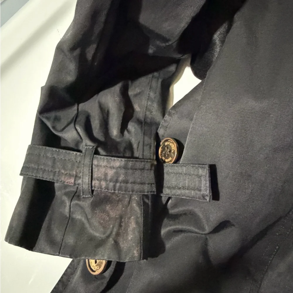 MICHAEL Michael Kors Black Trench Coat Size Small Gold Button Down Hooded - Picture 13 of 13